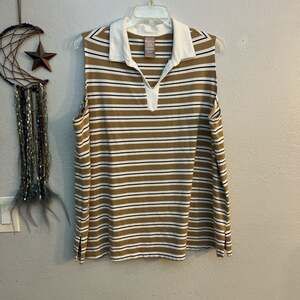 White Stag Women's plus size 3X Sleeveless Striped Johnny Collar Polo Shirt